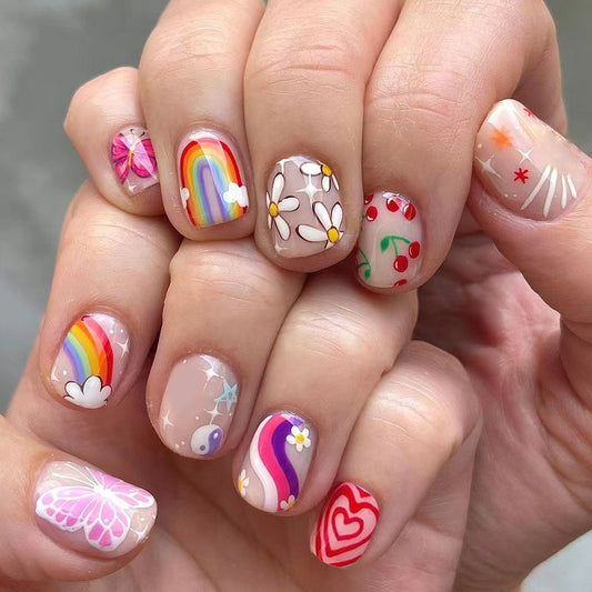 Whimsical Wonderland Medium Squoval Multicolor Press On Nail Set with Playful Patterns and Charms