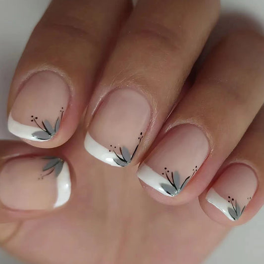 Elegant Botanical Short Square White Press On Nail Set with Delicate Floral Accents