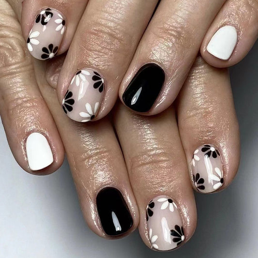 Floral Fantasy Short Squoval Black and Beige Press On Nail Set with Elegant Flower Accents