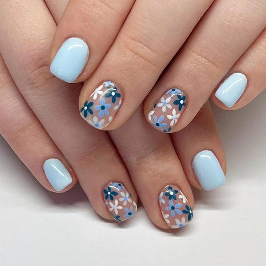 Spring Blossom Chic Short Length squoval Light Blue Press On Nails with Floral Accent Design