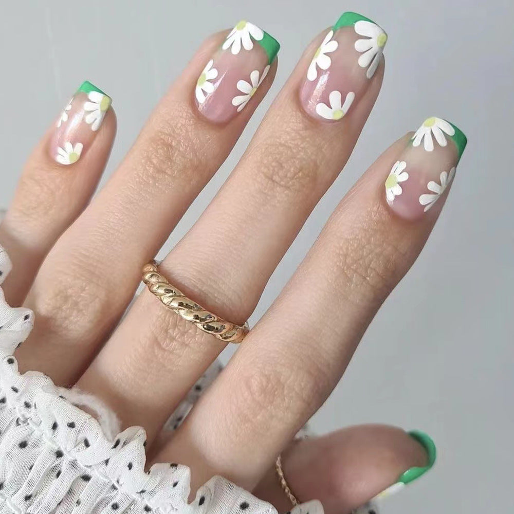 Springtime Blossom Medium Square Green Tip Press On Nail Set with White Daisy Accents