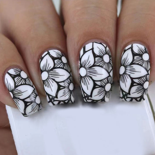 Floral Elegance Long Coffin White Press On Nail Set with Black Flower Accents