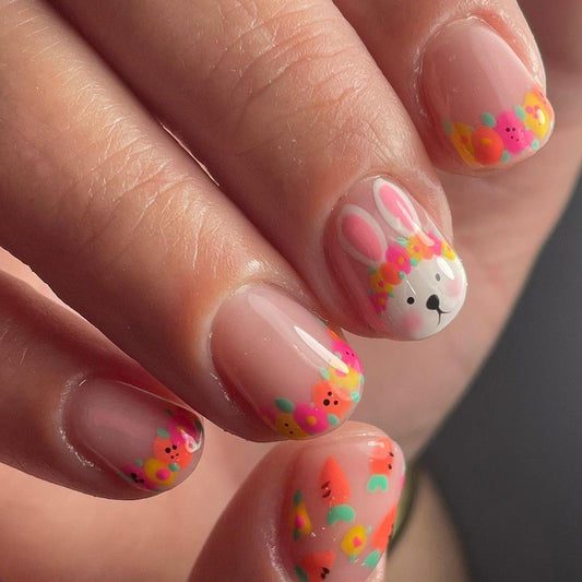 Easter Bunny Celebration Short Length Oval Multi-color Press On Nail Set with Cute Animal Accents