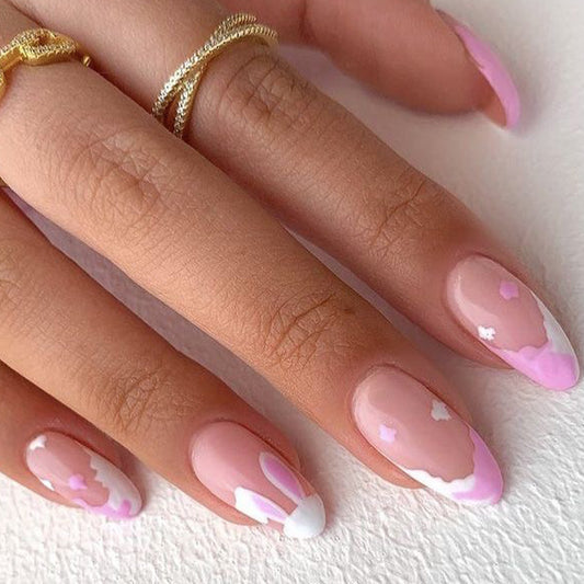 Romantic Blush Medium Almond Baby Pink Press-On Nails with White Heart Accents