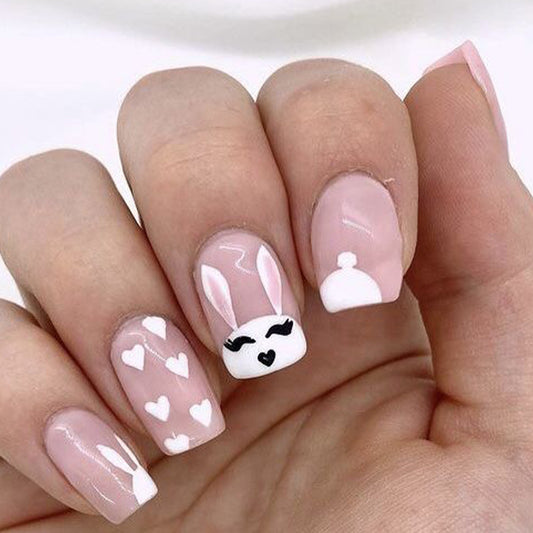 Easter Delight Medium Square Light Pink Press On Nails with Bunny and Heart Design