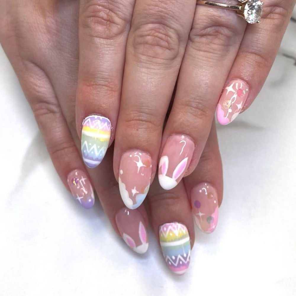 Easter Parade Medium Almond Pastel Multicolor Press-On Nails with Festive Bunny and Egg Designs