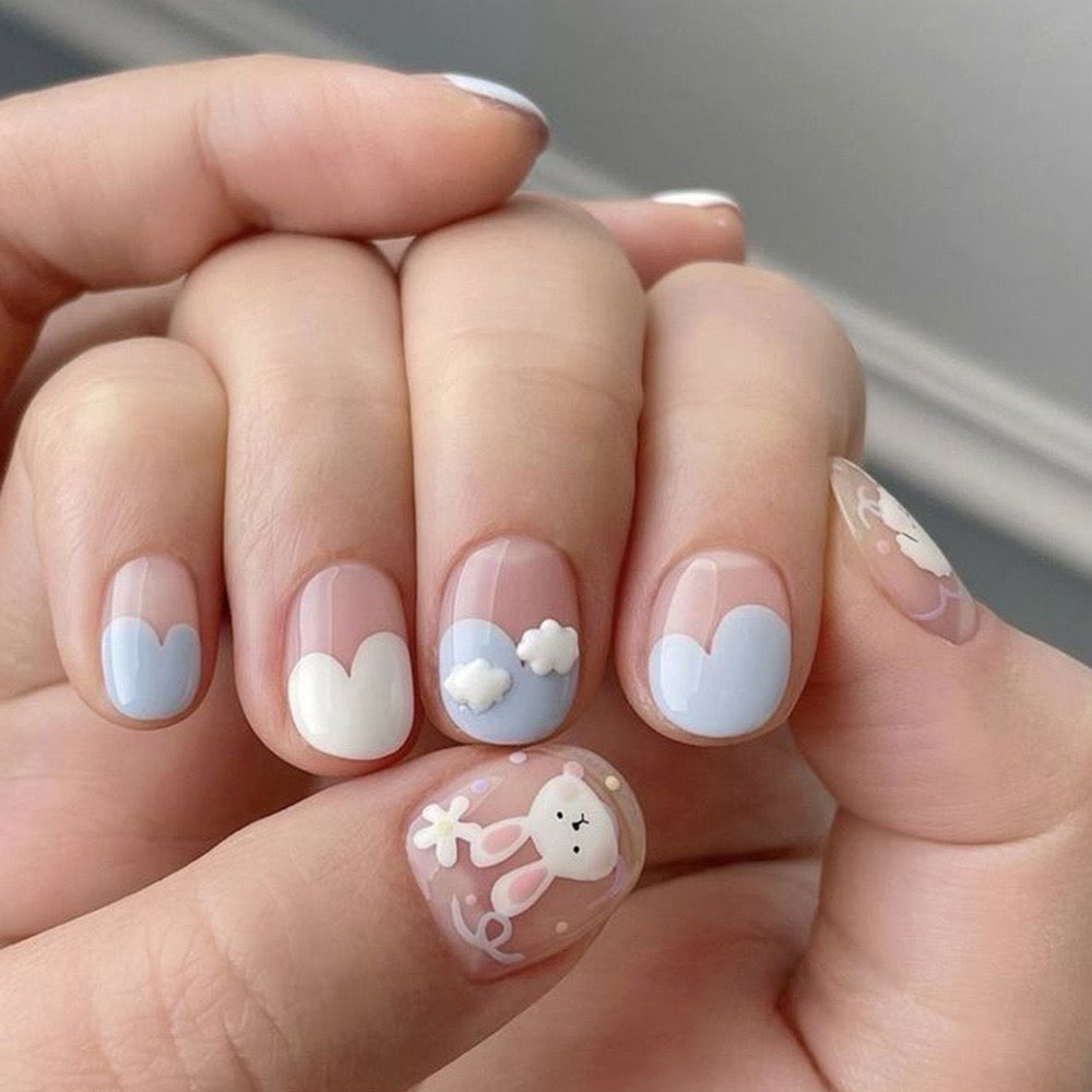 Spring Breeze Short Squoval Pastel Blue and Pink Press On Nails with Cloud and Bunny Designs