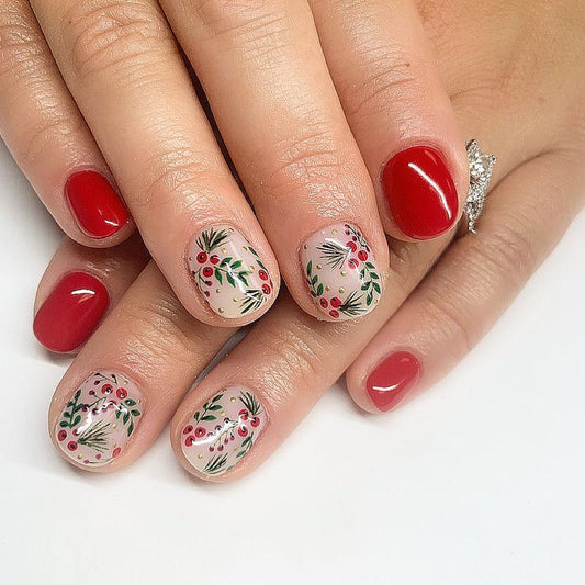 Festive Floral Elegance Short Round Red and Beige Press On Nail Set with Hand-Painted Berry Design