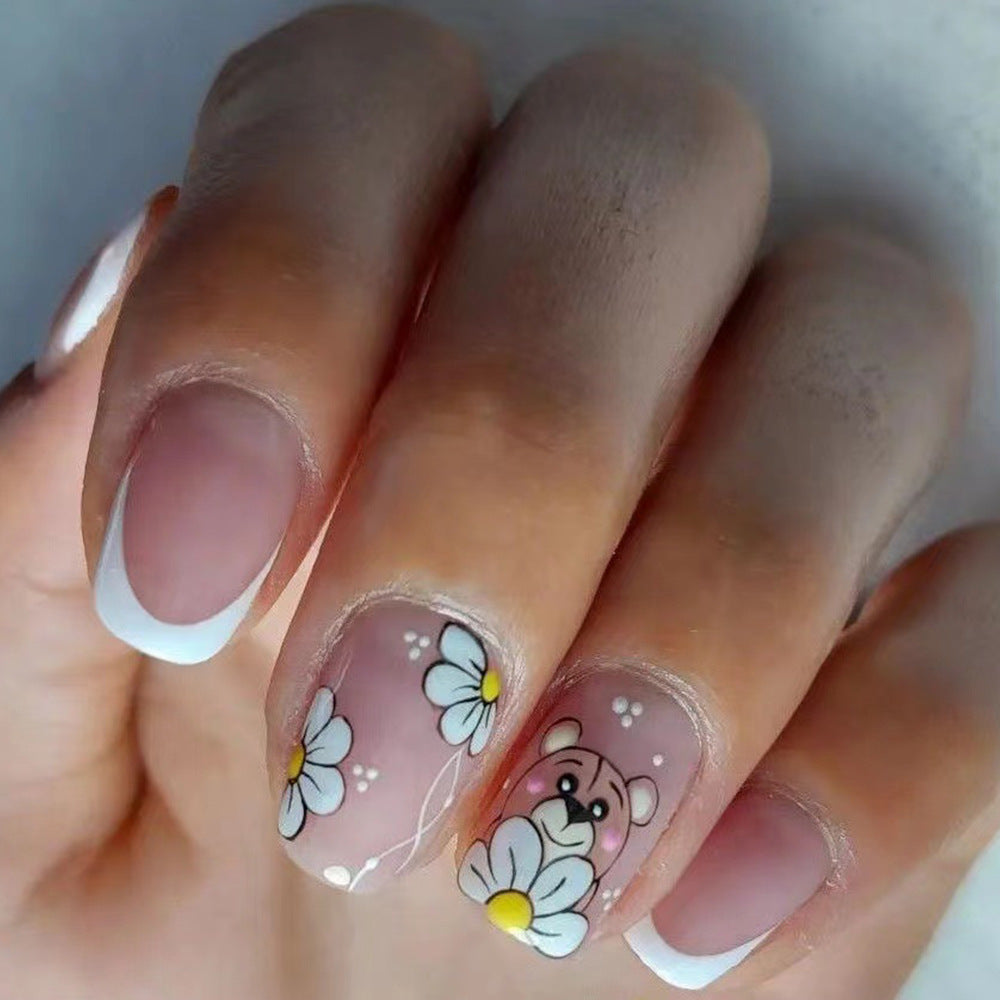 Spring Blossom Short Square Pink Press On Nail Set with Cute Floral and Bear Accents