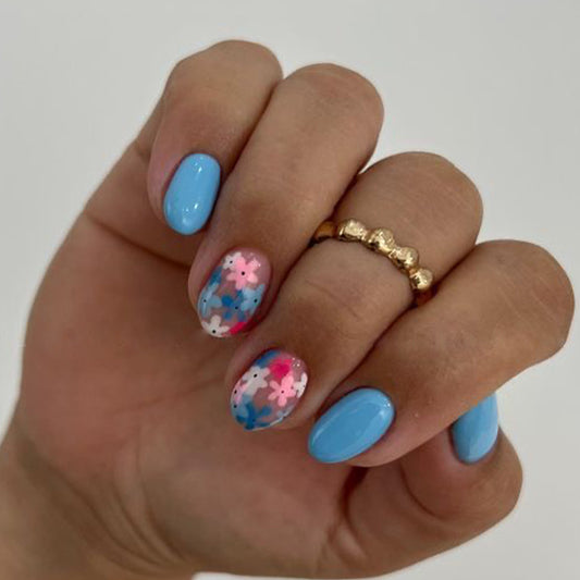 Spring Blossom Short Round Sky Blue Press On Nail Set with Floral Accents