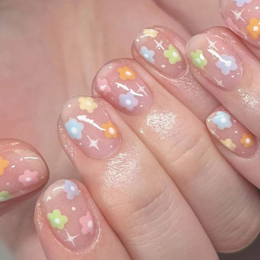 Enchanted Sky Short Round Pastel Pink Press On Nail Set with Star and Flower Accents