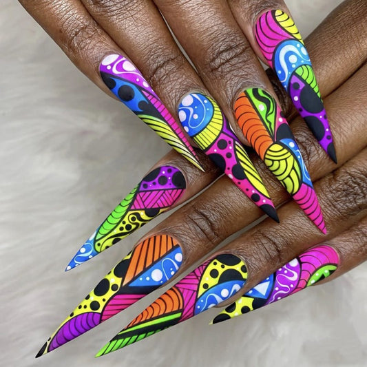 Festival Frenzy Extra-Long Stiletto Multicolor Neon Abstract Art Press On Nail Set