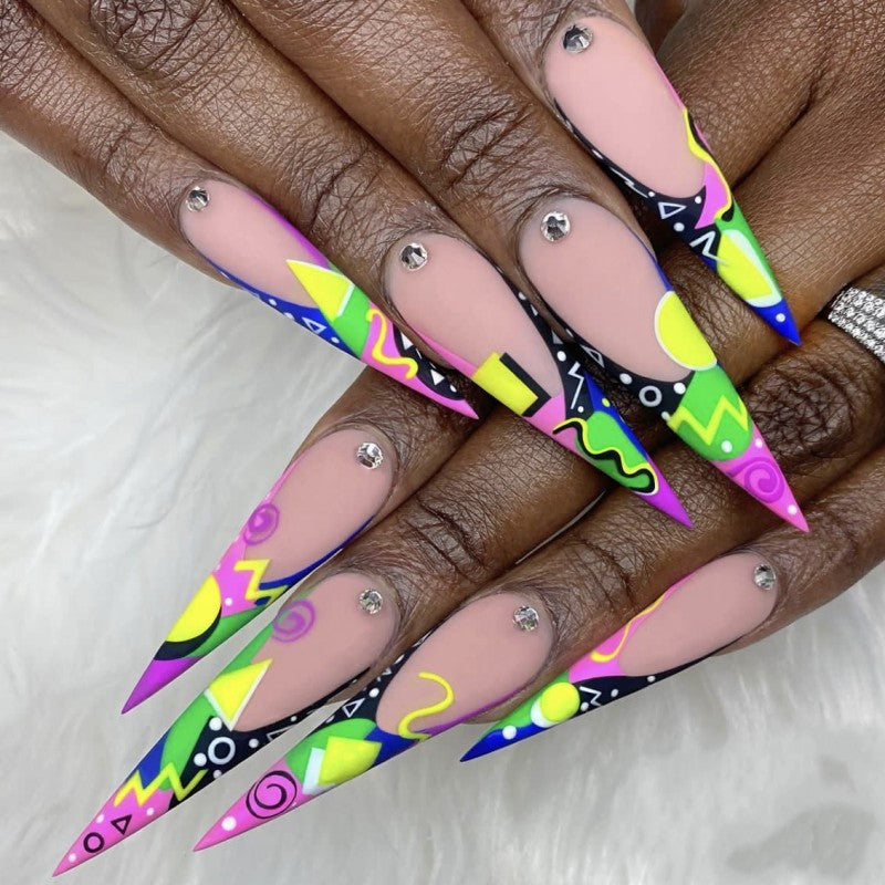 Retro Vibes Long Stiletto Multicolor Neon Press On Nail Set with Rhinestone Accents