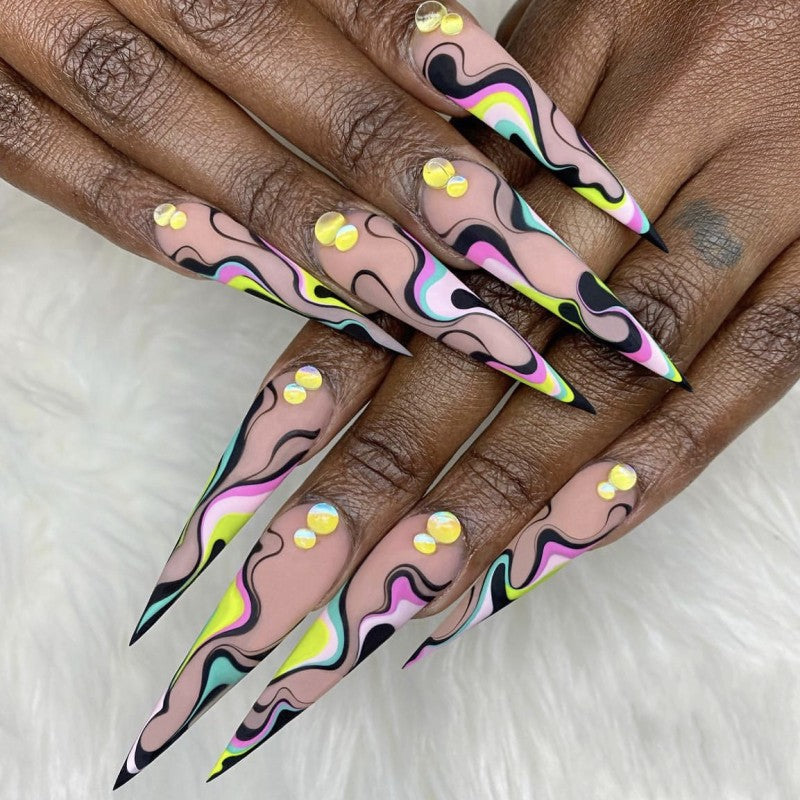 Psychedelic Swirls Extra-Long Stiletto Press-On Nail Set with Pink, Black, and Neon Multicolor Waves Featuring Rhinestone Accents