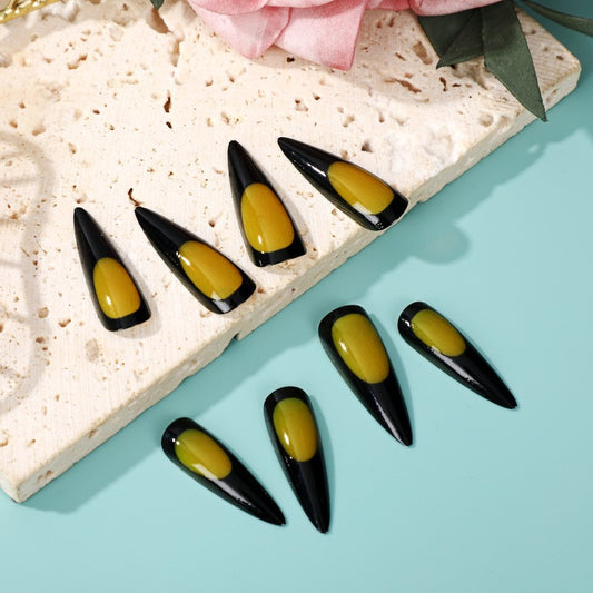 Mystic Eclipse Long Almond Black and Mustard Yellow Color Block Press On Nail Set for Striking Manicures