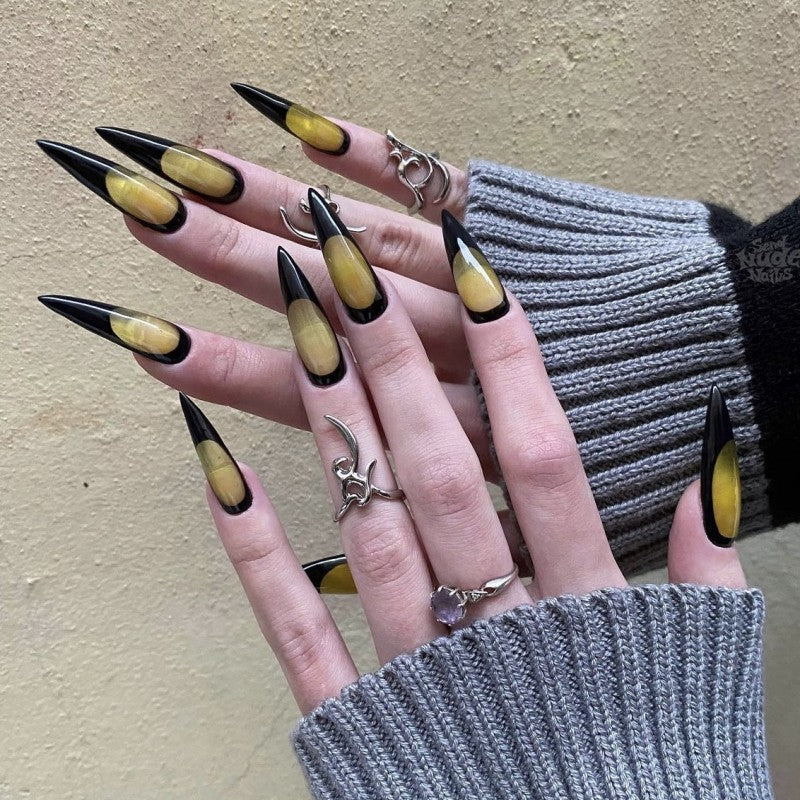 Elegant Eclipse Long Stiletto Black and Yellow Ombre Press On Nail Set with Glossy Finish