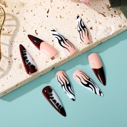 Safari Chic Long Almond Press On Nails Set in Pink and Burgundy with Zebra Stripes Accents