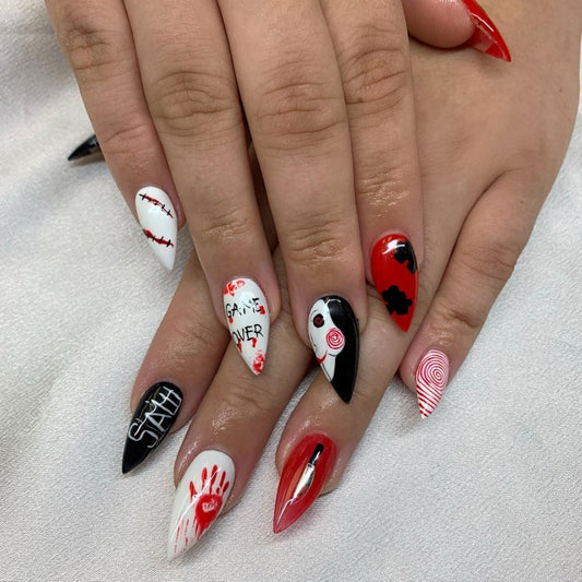 Spooky Elegance Short Almond Halloween Press On Nail Set in Black, White & Red with Horror Accents