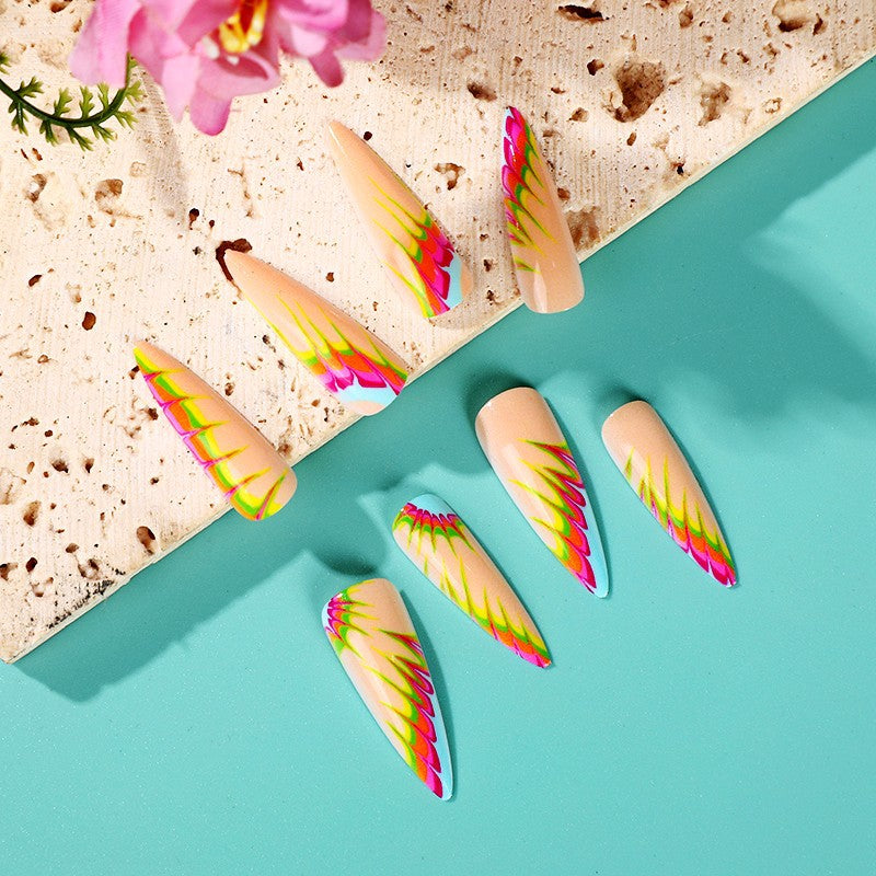 Tropical Escape Long Almond Multicolor Flame Design Press On Nail Set