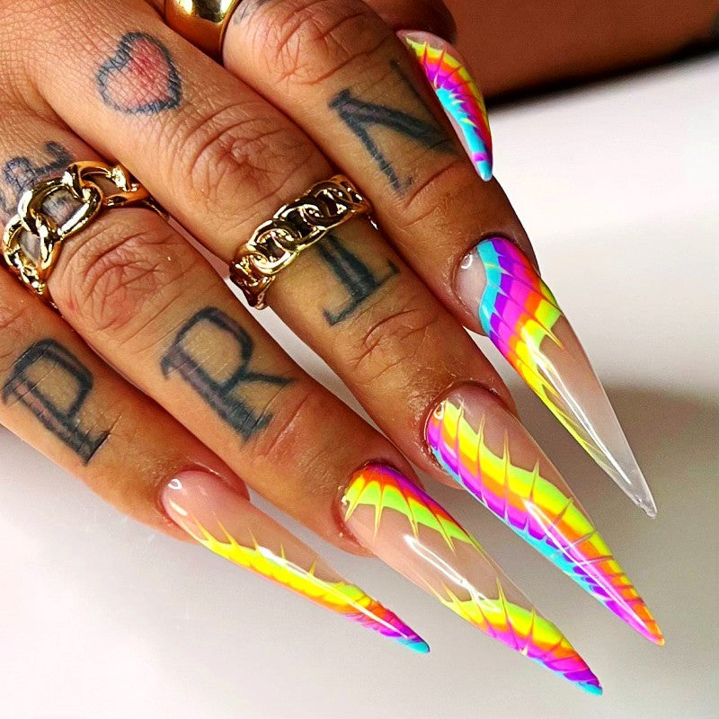 Rainbow Fantasy Extra-Long Stiletto Multicolor Iridescent Press On Nail Set with Holographic Effect