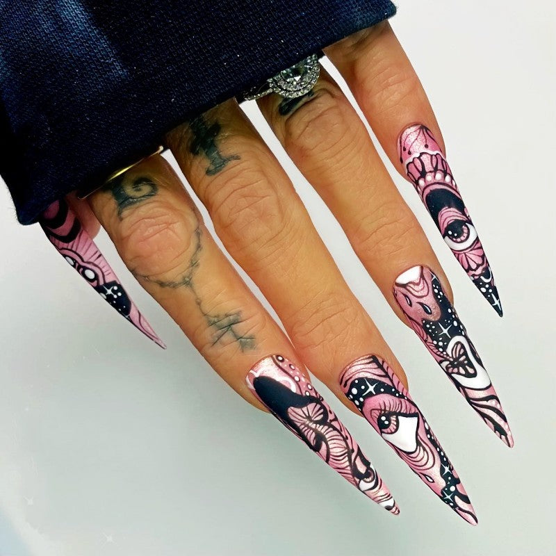 Galactic Glamour Extra Long Stiletto Pink and Black Cosmic Art Press On Nail Set