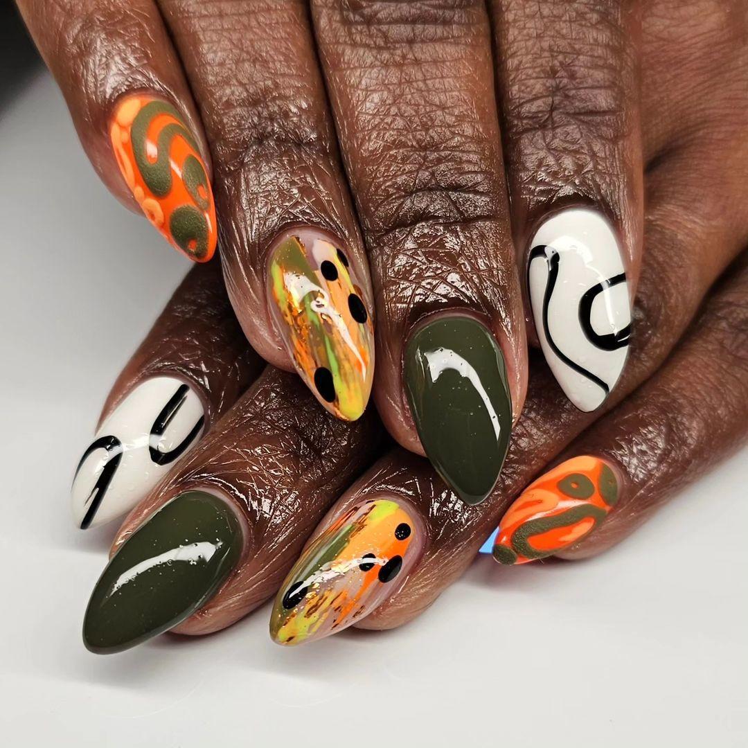 Abstract Artistry Short Almond Multicolor Swirl Pattern Press On Nail Set with Accent Glow Tips