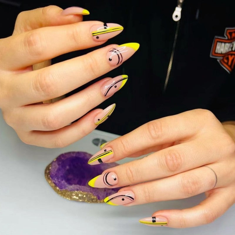 Abstract Art Medium Almond Pink and Yellow Press On Nails with Line Art Faces Design