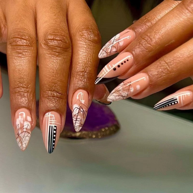 Abstract Elegance Extra-Long Almond Beige Press On Nails with Geometric Accents and Glossy Finish