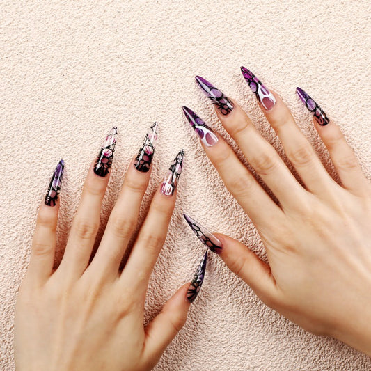 Enchanted Garden Extra Long Stiletto Purple Floral Lace Design Press On Nail Set