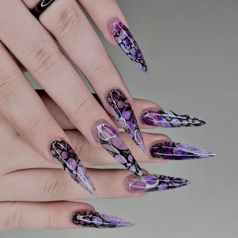 Mystic Garden Extra Long Stiletto Purple Press On Nails with Floral Lace Design