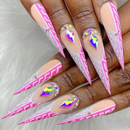 Enchanted Elegance Long Stiletto Pink and White Press On Nail Set with Rhinestone Accents and Geometric Patterns