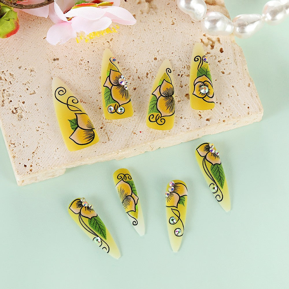 Sunshine Floral Elegance Long Almond Yellow Press On Nail Set with 3D Rhinestone Embellishments