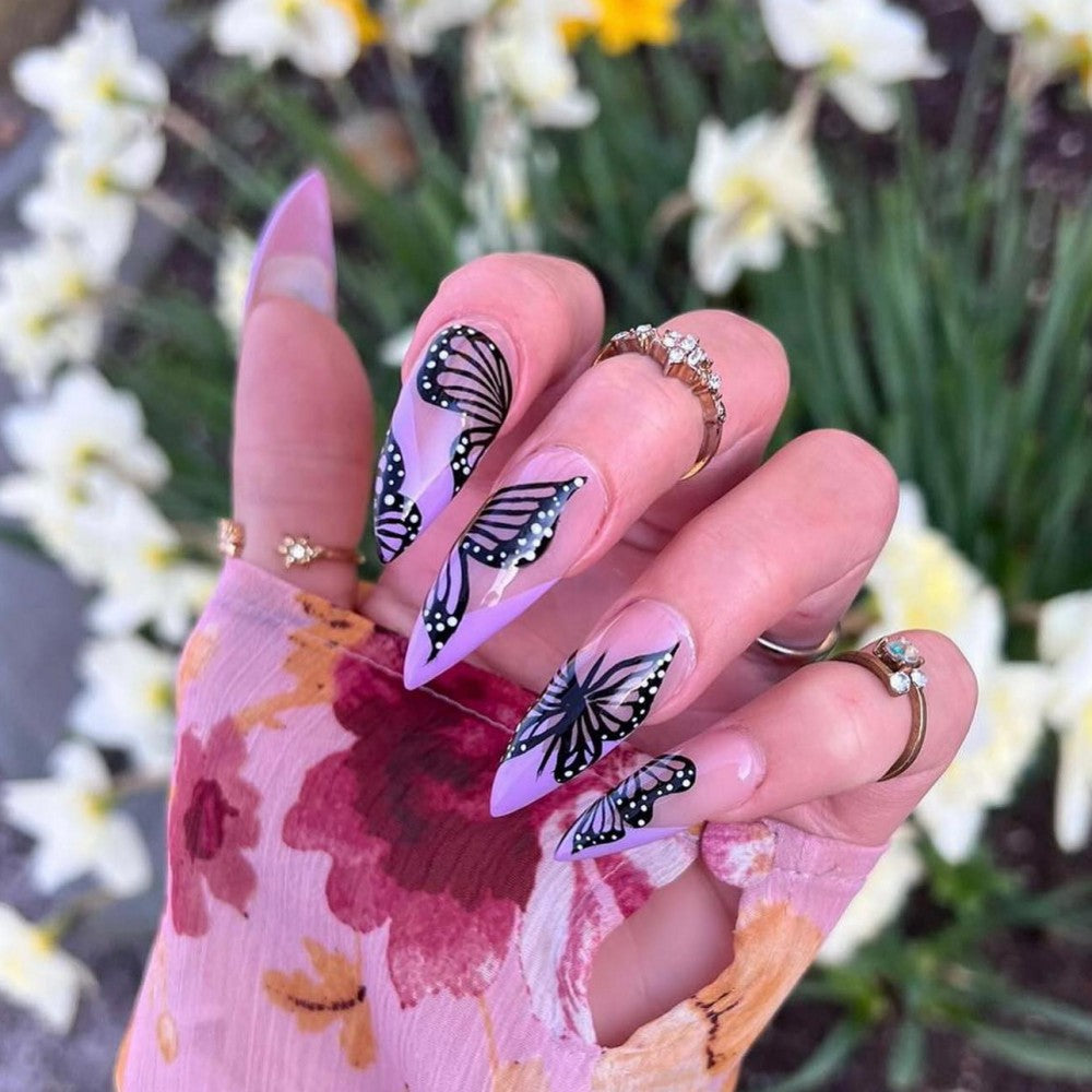 Enchanted Butterfly Garden Long Stiletto Lavender & Black Press On Nail Set with Hand-Painted Wing Design