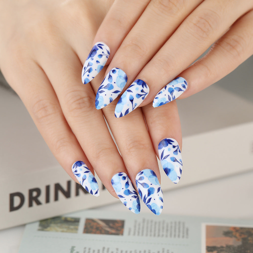 Oceanic Bliss Medium Almond Blue and White Floral Print Press On Nail Set