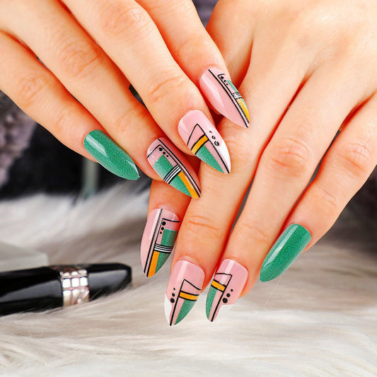 Retro Vibes Medium Almond Pink and Green Press On Nails with Geometric Accents