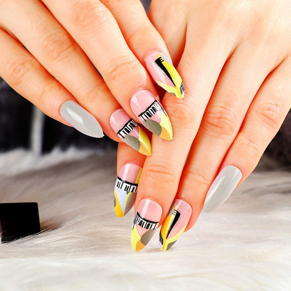 Retro Chic Medium Almond Multicolor Geometric Press On Nail Set with Piano Key Accents