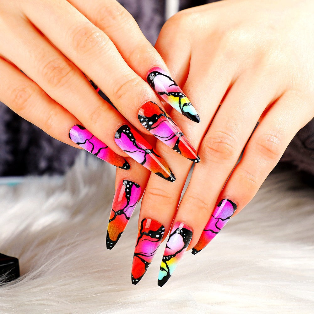 Butterfly Kisses Long Stiletto Multicolor Press On Nails with Vibrant Wing Art Design