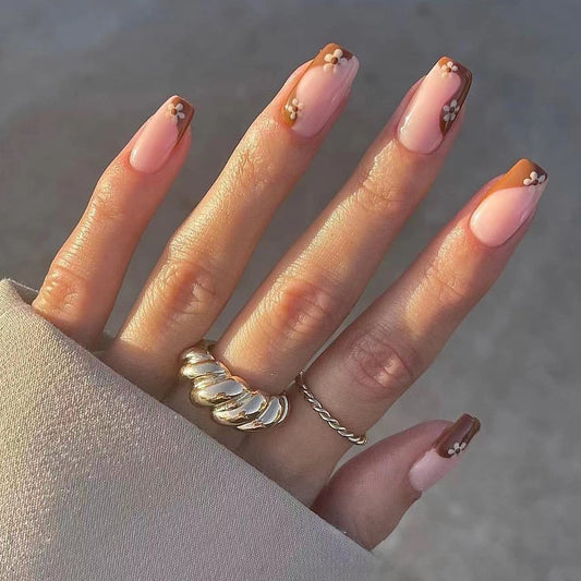 Elegant Bridal Medium Coffin Peach Press On Nails with Delicate Floral Accents