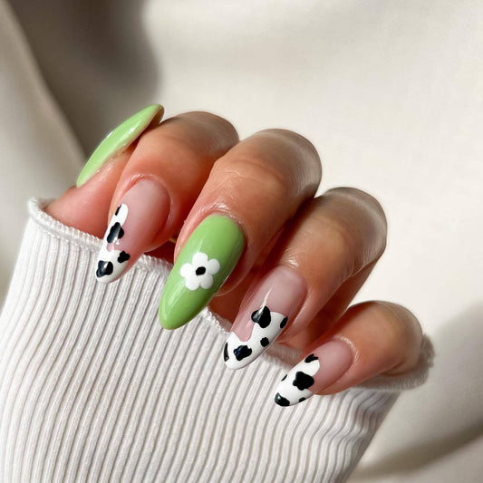 Springtime Bloom Long Almond Green and White Press On Nails with Floral Cow Print Design