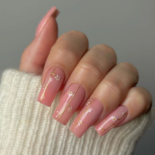 Garden Time Medium Square Pink Floral Press On Nails