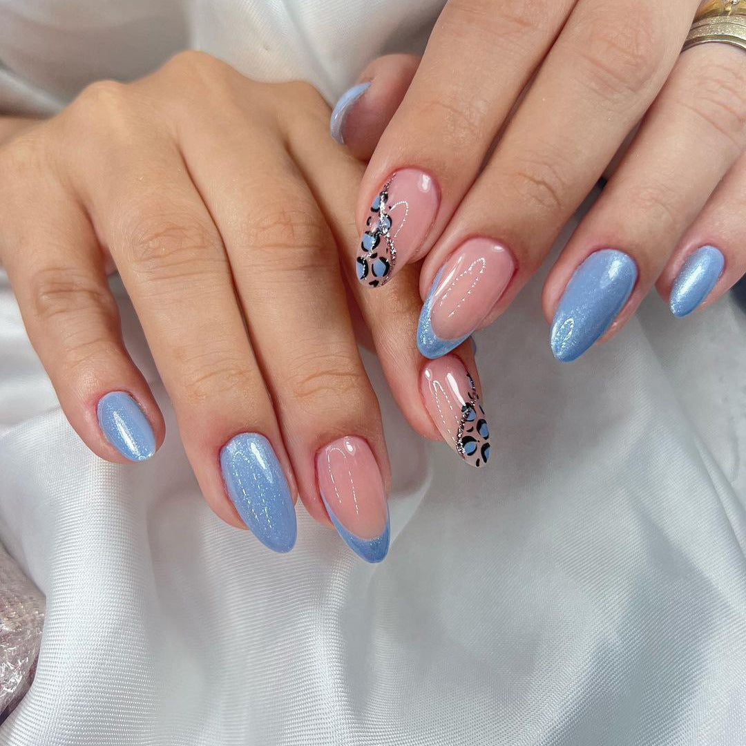 Camping Medium Oval Blue Leopard Press On Nails