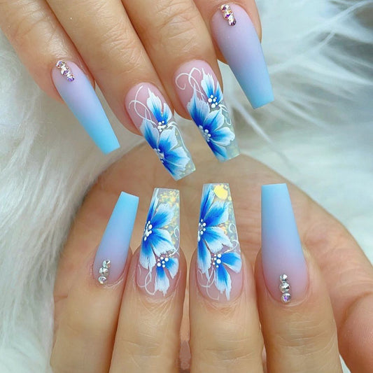 Island Goals Long Coffin Blue Vacation Press On Nails