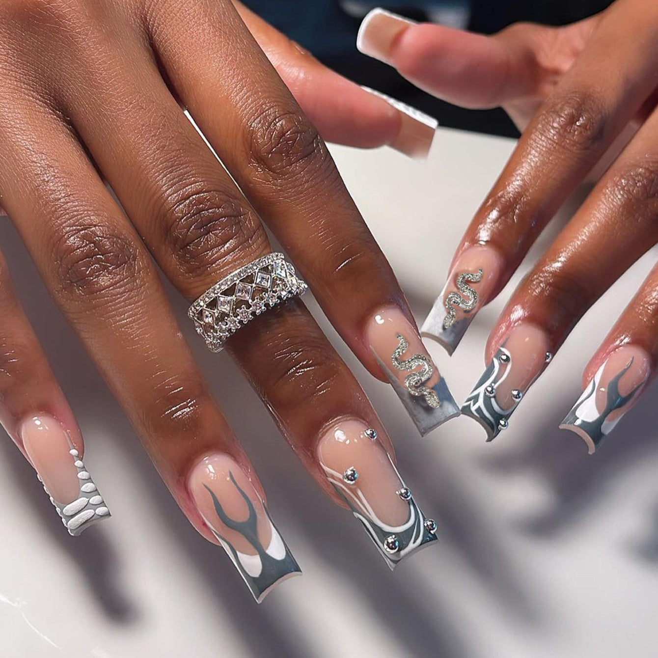 Call It Psychic Long Coffin Silver Bold Press On Nails