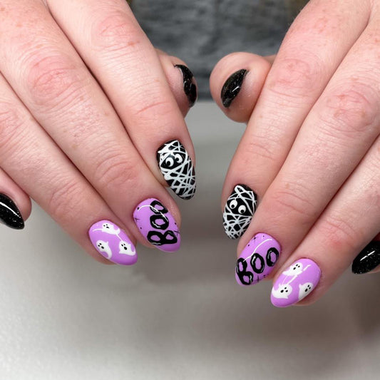 Mummy Ghost Short Almond Purple Halloween Press On Nails