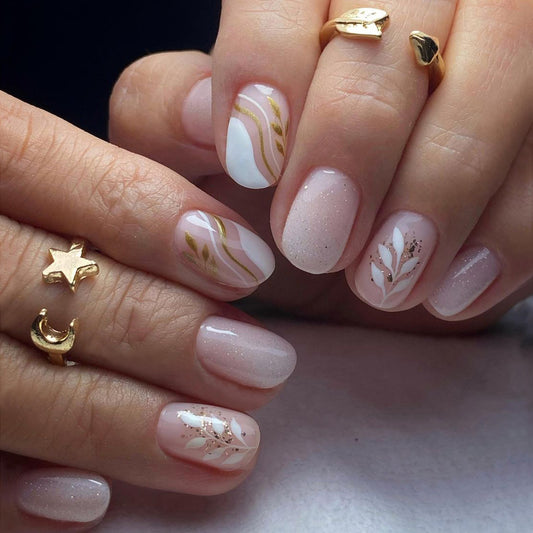 Cashmere Sweater Short Round Gold Fall Press On Nails