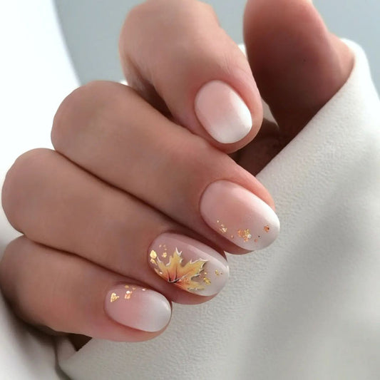 Touch Of Autumn Short Round Gold Fall Press On Nails