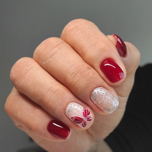 A Flight Away Short Squoval Red Holiday Press On Nails