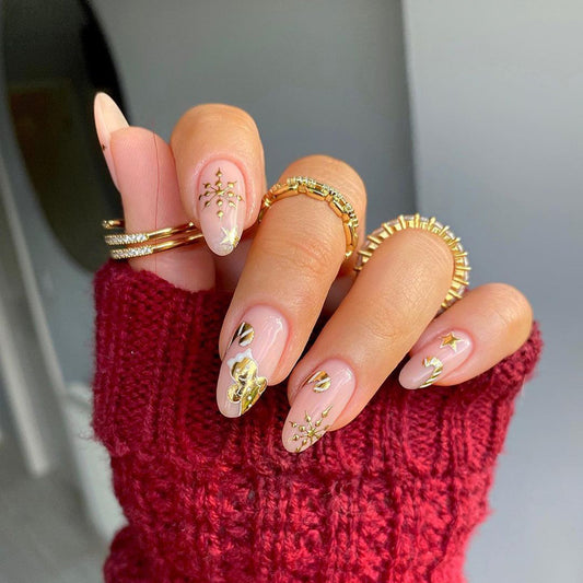 Gingerbread Snowflake Glam Medium Almond Gold Holiday Press On Nails