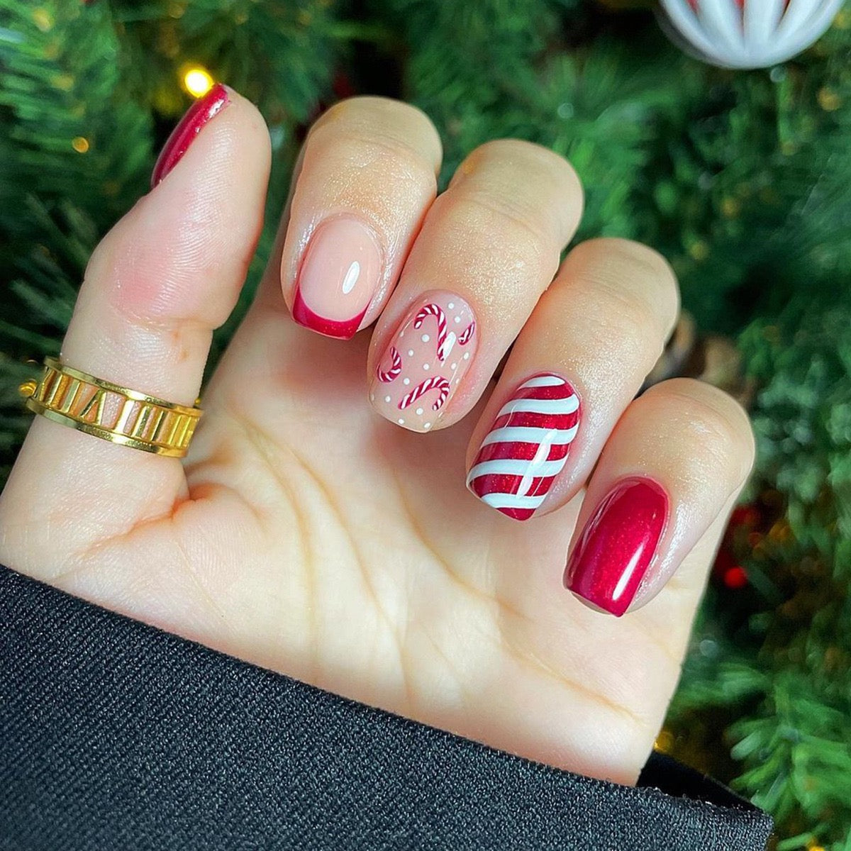 Hang The Candy Canes Medium Square Red Holiday Press On Nails