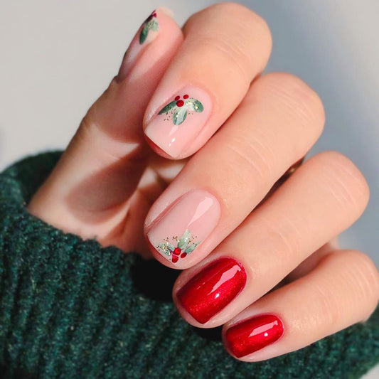 Holly Jolly Medium Square Red Holiday Press On Nails